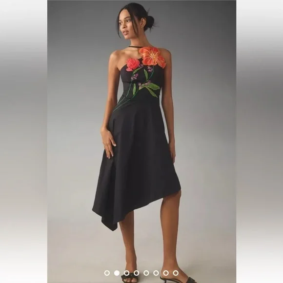 Anthropologie Yukiko Noritake Asymmetrical Floral Midi Dress Black Combo Orange - Picture 2 of 9